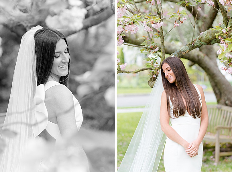 Bridal portraits under the cherry blossoms at Trinity Episcopal Church in Southport, CT during the Tokeneke Club Wedding