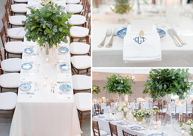 White monogrammed cloth napkins for a waterfront, spring Tokeneke Club Wedding reception in Darien, CT