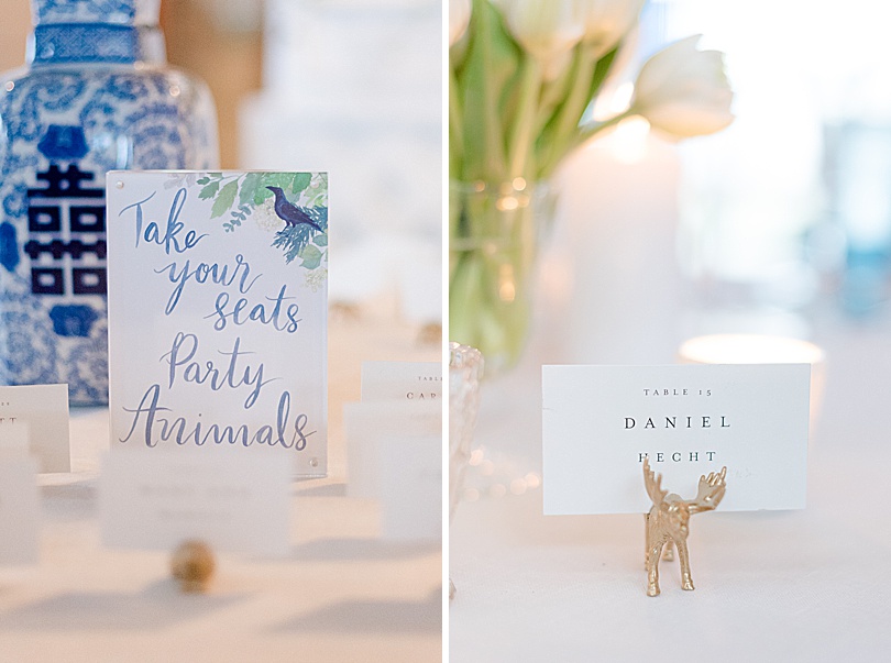 Gold animal place card holders for a Tokeneke Club Wedding reception in Darien, CT