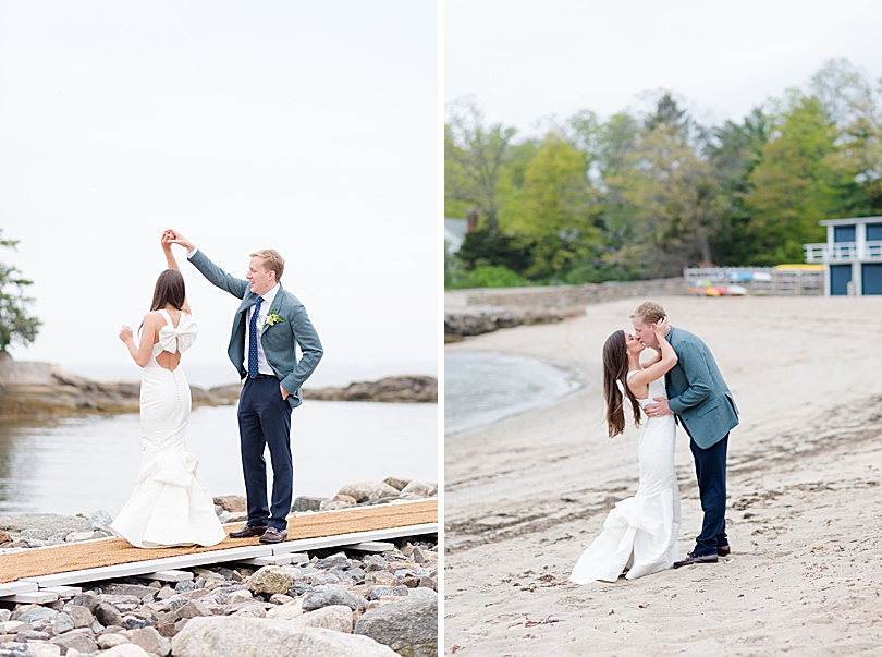 Groom spins Bride on the beach at a Tokeneke Club Wedding reception in Darien, CT