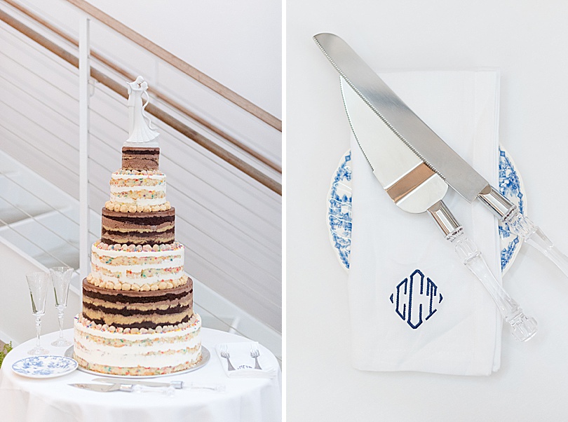6 tier bare cake and monogrammed white napkin at a beachfront Tokeneke Club Wedding reception in Darien, CT