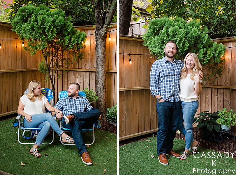 Engaged couple hangs out in their back yard in beach chairs during a summer Jersey City Engagement Session in NJ