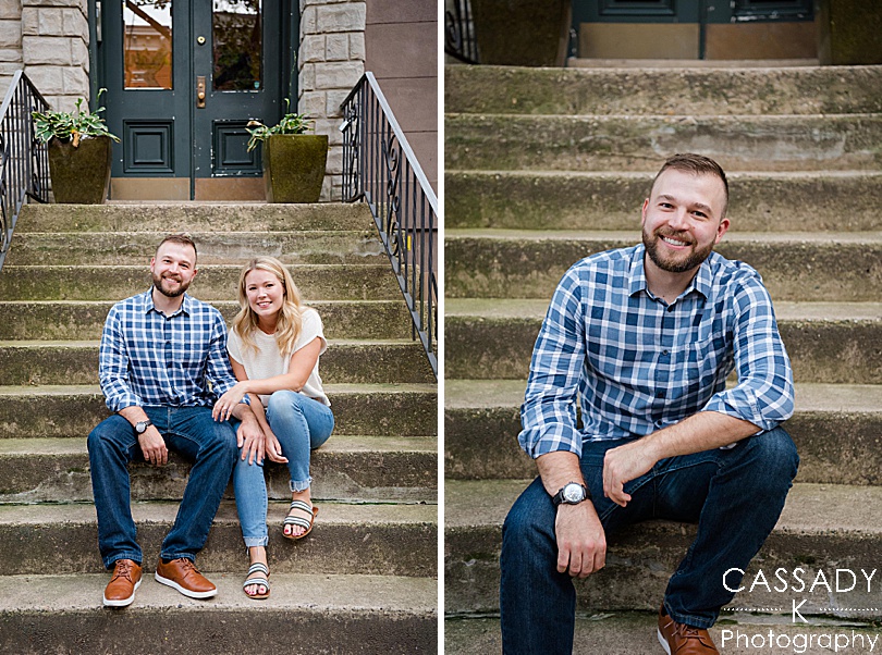 Couple sits on the stoop of their apartment steps looking at their neighborhood during their Jersey City Engagement Session
