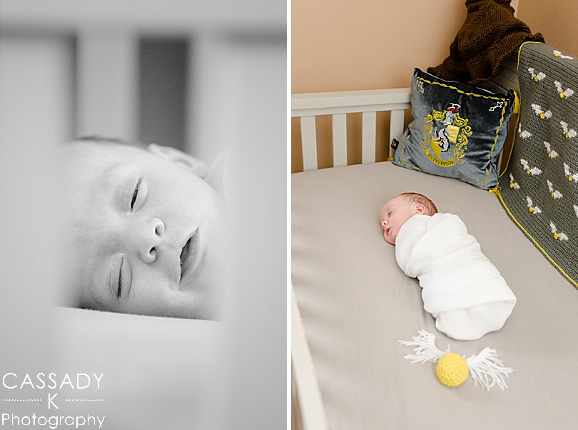Baby boy in Harry Potter Nursery with crocheted golden snitch during Bellefonte Home Newborn Pictures