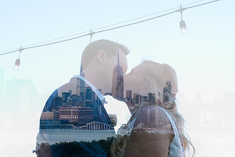 Bride and groom kissing overlayed with NYC skyline in background at their Antique Loft Hoboken Wedding in NJ