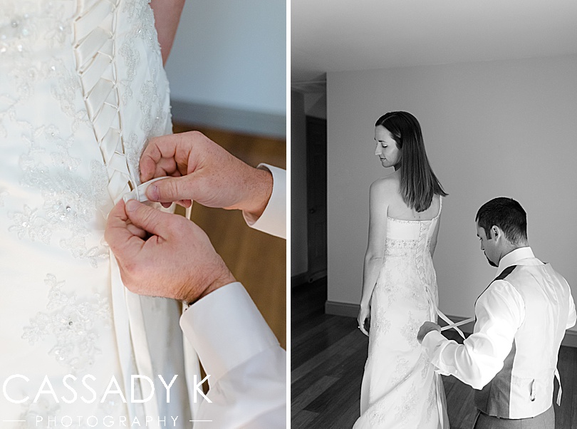 Husband tying wife's wedding dress during their 5th wedding anniversary photos