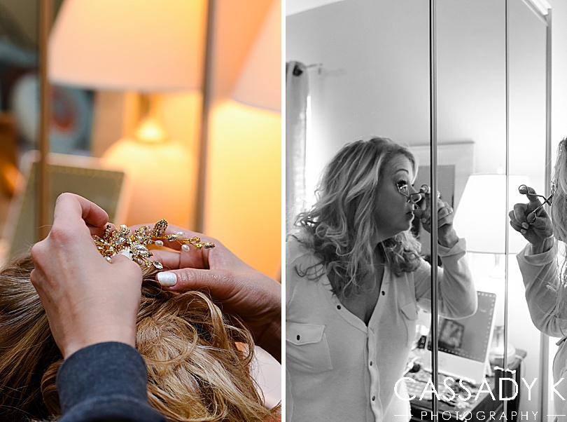 Bride putting makeup on before fall Gateway Clipper wedding