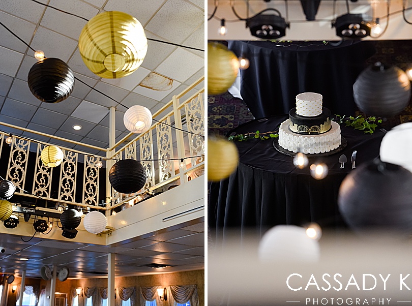 Black and gold details and wedding cake for fall Gateway Clipper wedding