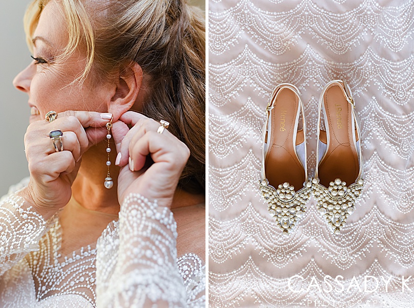Bride putting earrings in and close up of shoes before fall Gateway Clipper wedding