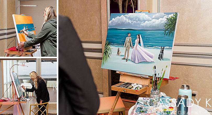 Painter painting bride and groom at Surf Club on the Sound wedding