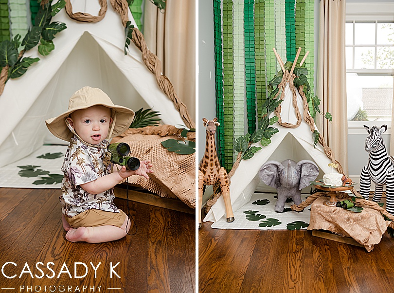 Baby boy in safari outfit for wild one year old birthday