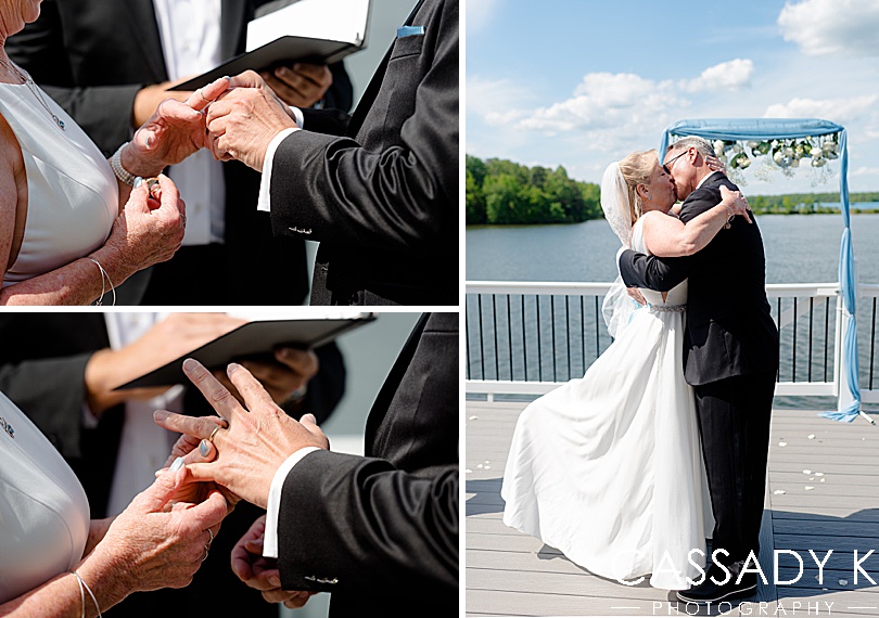 Bride and groom exchanging rings and kissing each other at their small wedding on Lake Anna, VA
