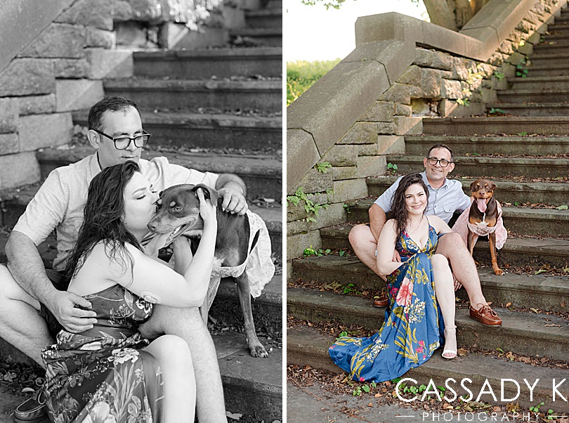 Man, women, and dog sitting on stone steps during engagement session