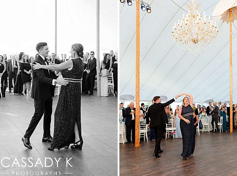 Groom and mom dancing at outdoor tented wedding