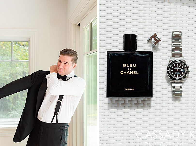 Images of grooms details and groom getting suit jacket on