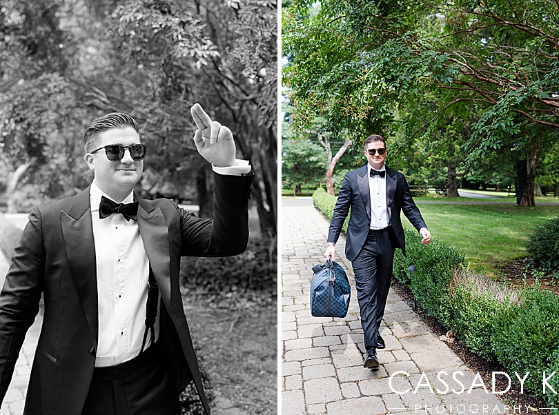 Groom doing gameday poses before Private Estate Tented Wedding