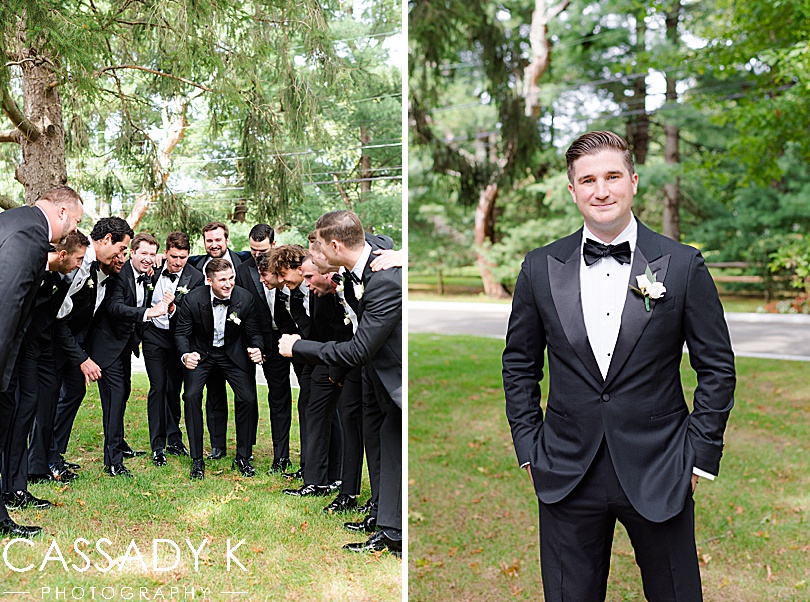 Groom and groomsmen in front of church