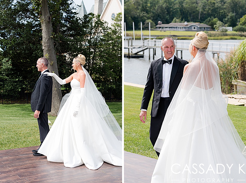 Bride first look with father by the water at a private estate