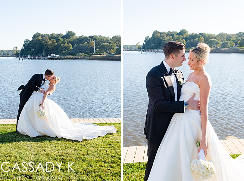 Bride and groom kissing waterside