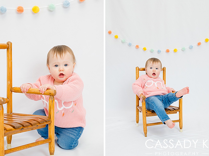 Baby on wooden chair in travel portrait studio session