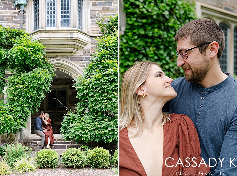 Couple kissing in archway during Princeton Engagement Pictures