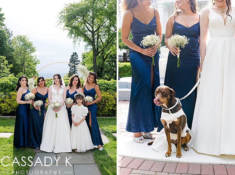 Bride and bridesmaids with dog at Briarcliff Manor Wedding