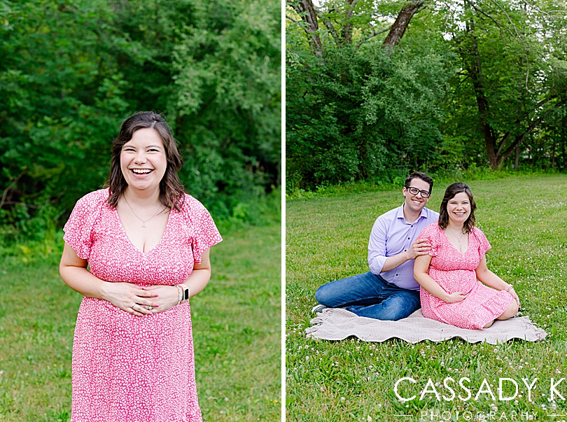 Husband and wife sitting on grass during Lenape Park Maternity session