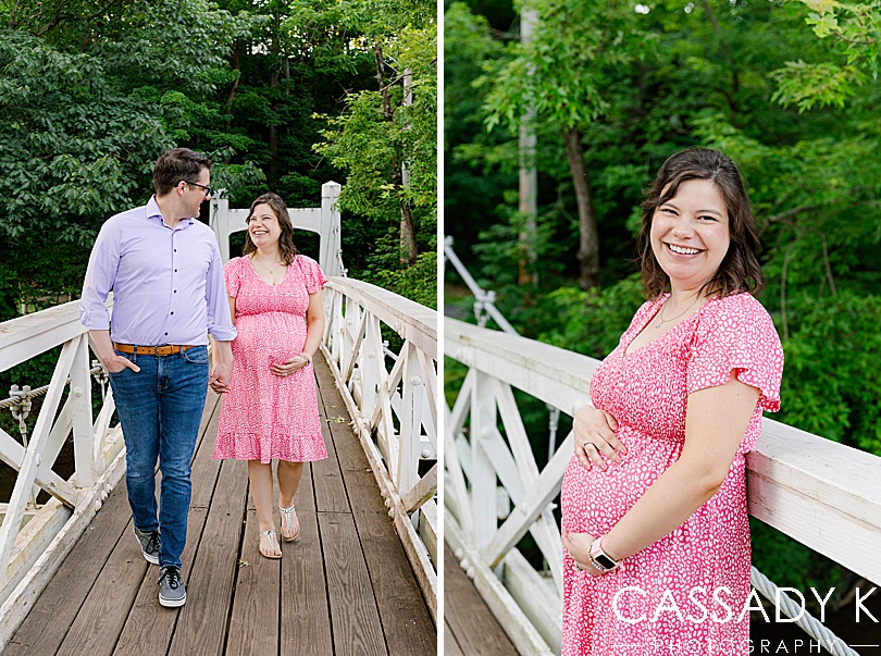 Woman showing off pregnant belly during Lenape Park Maternity Session