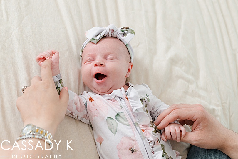 baby girl yawning during Lansdale Lifestyle Newborn Session