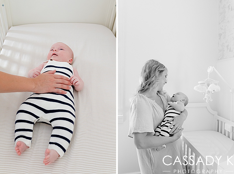 Mom holding baby next to nursery in newborn session