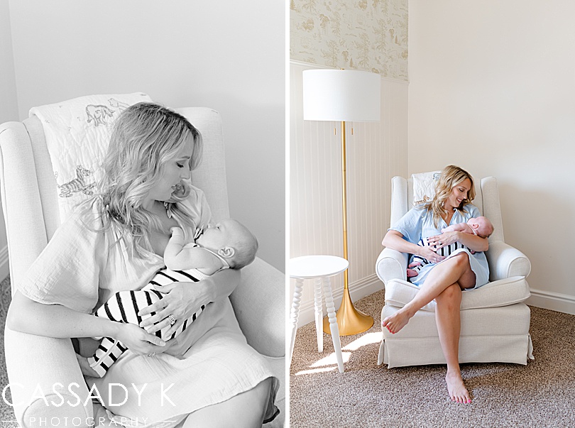 Mom holding baby boy in rocking chair in classic Winnie the Pooh nursery during Growing Family Lifestyle Session