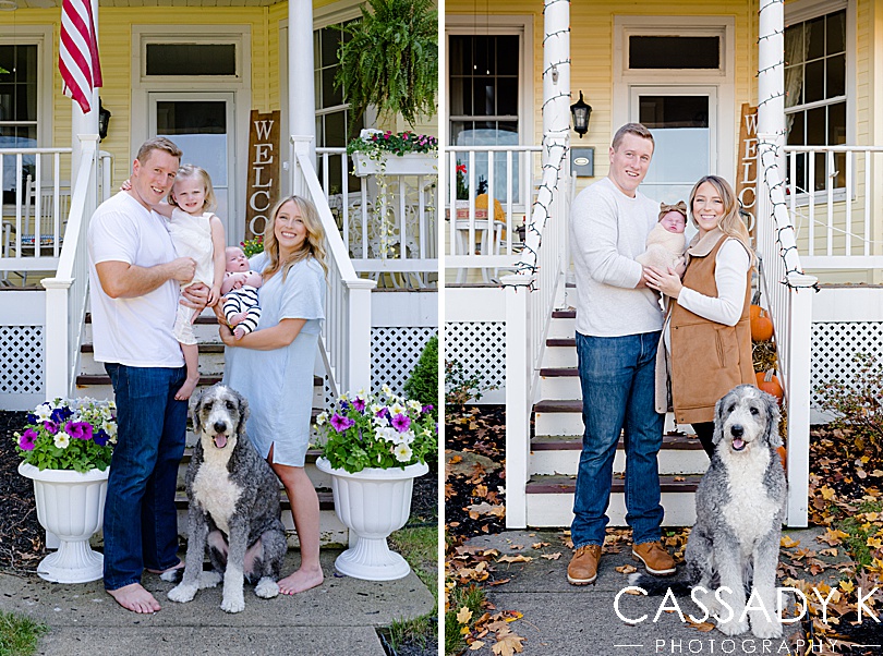 Family posing with kids in front of house 