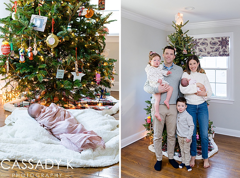 Baby girl lying on the floor in front of a Christmas tree during a New Jersey newborn session