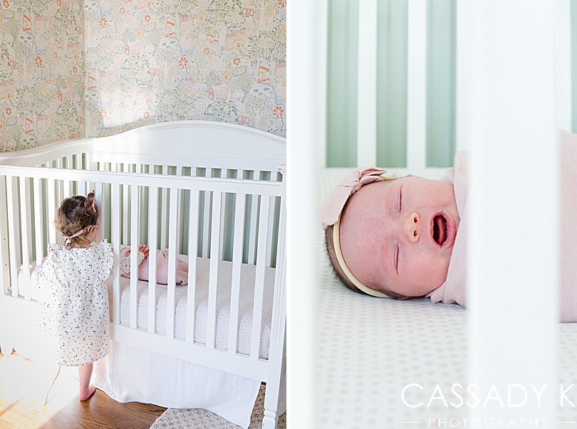 Big sister soothes baby sister in her crib during a NJ newborn session